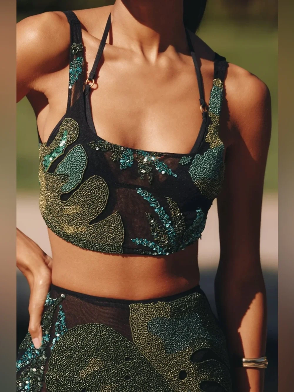 ANTHROPOLOGIE CELANDINE BEADED MESH CROP TOP IN BLACK - Picture 5 of 9